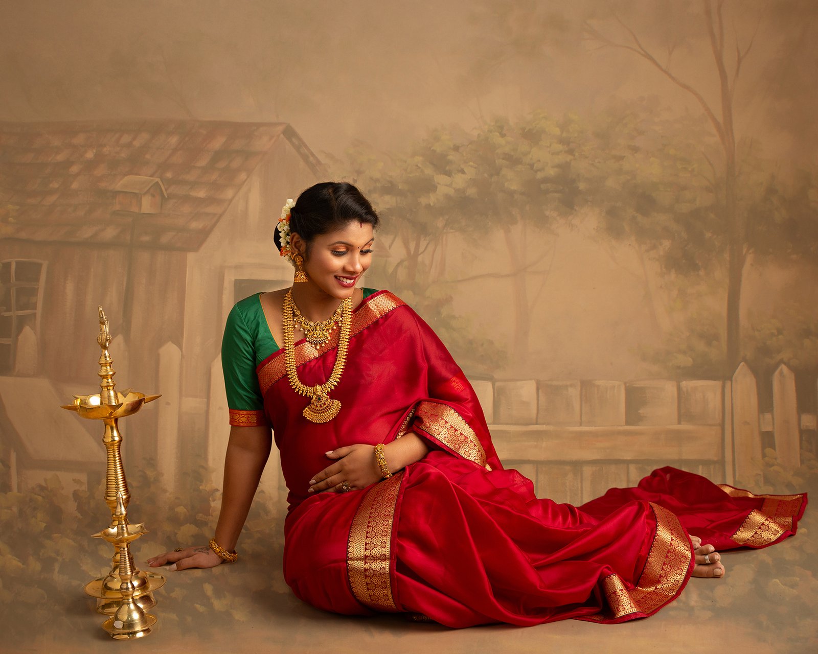 Best Traditional Maternity Photoshoot in Bangalore at Vinu's images Ravi Varma Painting Theme